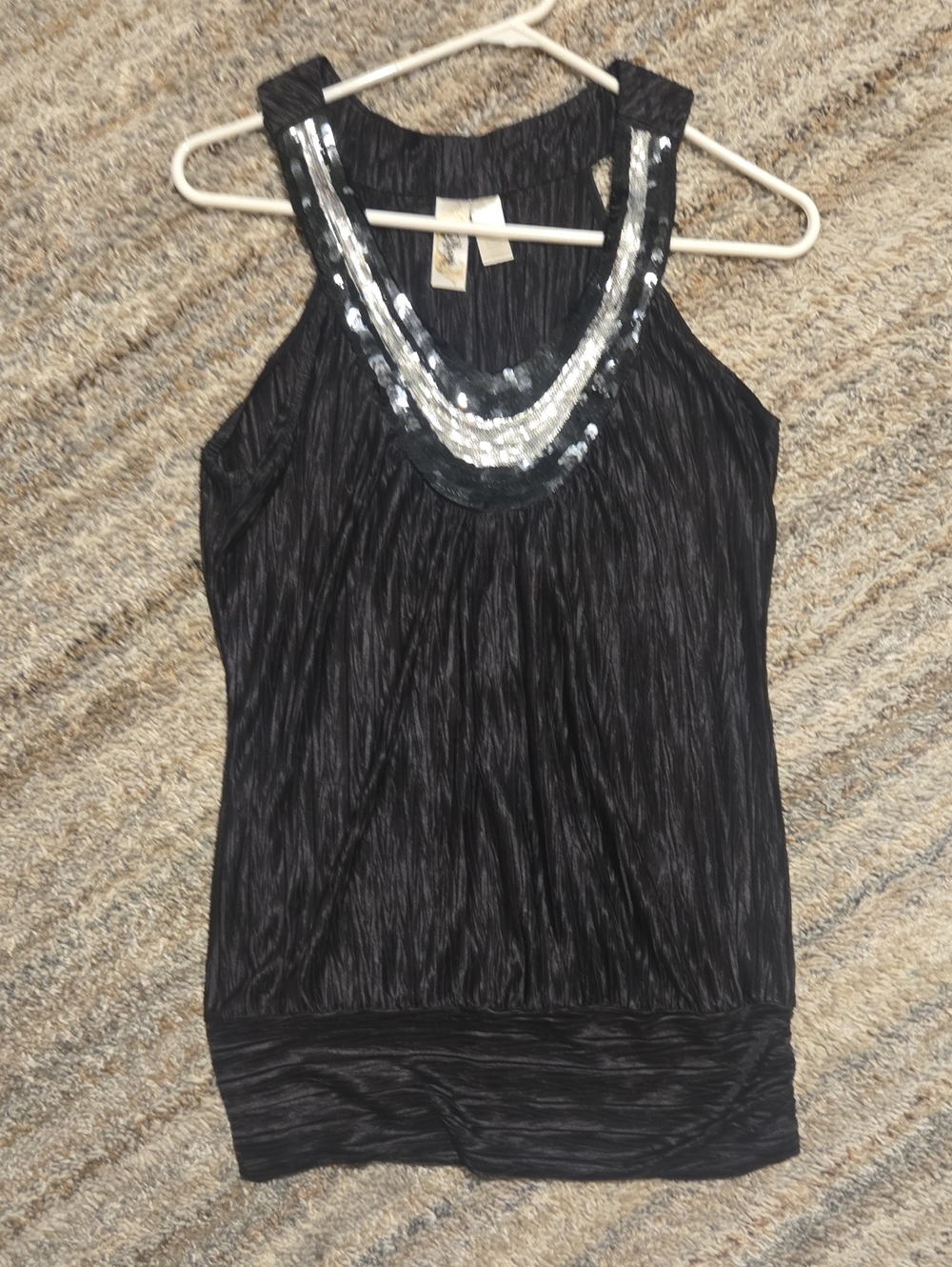 Y2K Black Sleeveless Tank with Silver Sequin Neckline